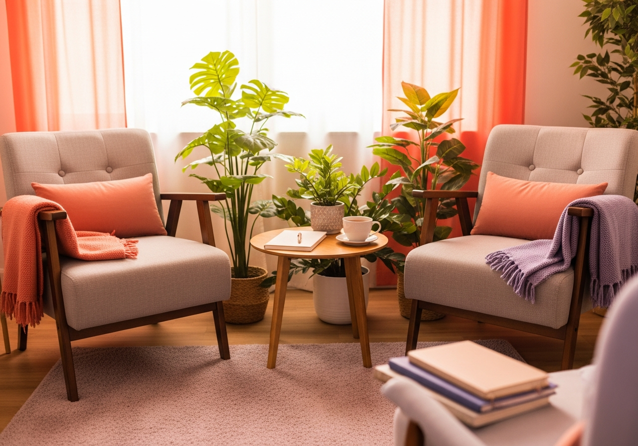 Peaceful counseling space with comfortable chairs and plants representing mental health support